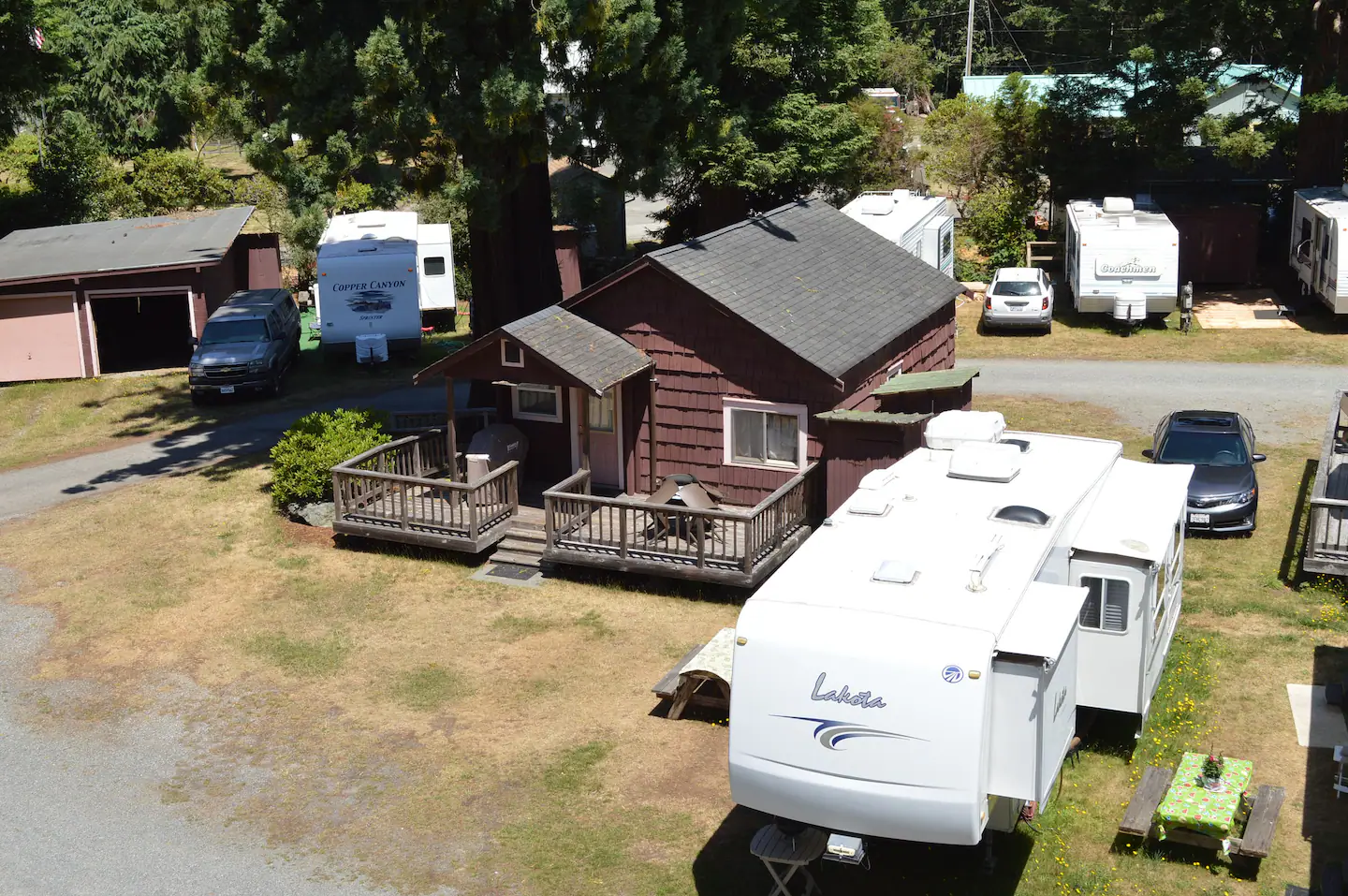 May through September we have RV campers near the cabins. Here is Cabin 1 in peak RV season.