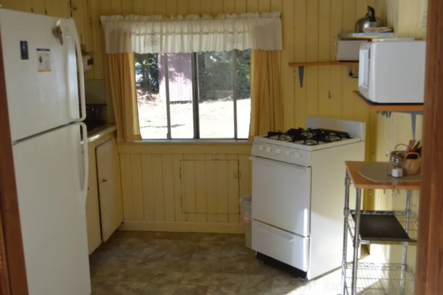 Kitchen with full fridge, small range oven, microwave, toaster, and coffee maker.